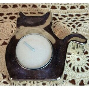 Silver Tone Metal Cat Tabletop Tea Light Candle Holder